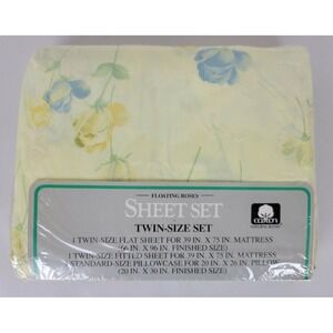 Vintage NIP Sears Twin Sheet Set Yellow Floating Roses Cotton Blend